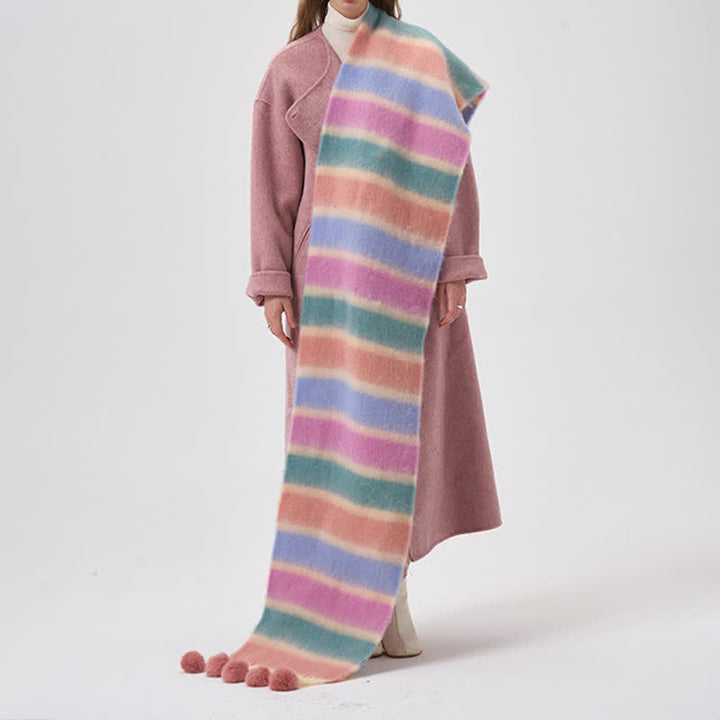 Women's Rainbow Color Striped Tassel Scarf - Pink - image 3