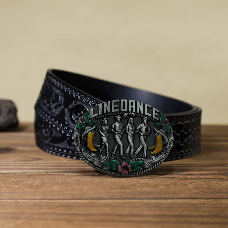 Men's DIY Western Line Dancing Buckle Leather Belt - Line Dancing - Black Carved Belt (40) - image 9