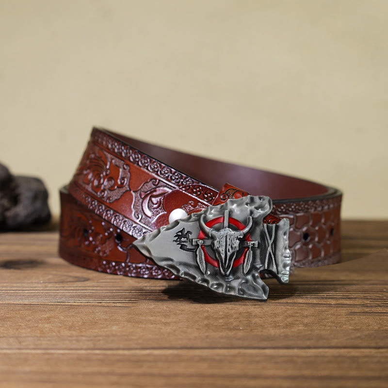 Men's DIY Arrowhead Shaped Bull Buckle Leather Belt - Antique Silver - Brown Carved Belt (40) - image 17