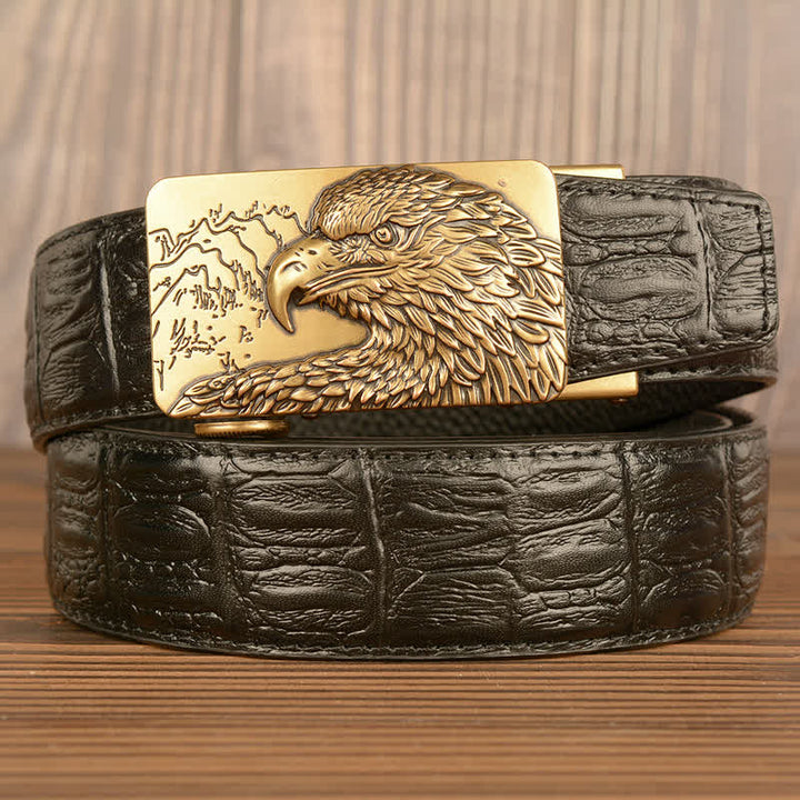 Men's Carved Eagle Crocodile Pattern Leather Belt - Gold & Black - Crocodile Skin - 44 - image 18