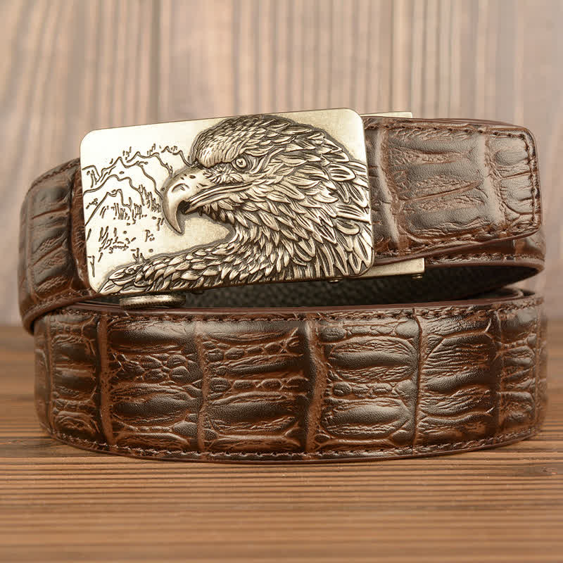 Men's Carved Eagle Crocodile Pattern Leather Belt - Silver & Brown - Crocodile Skin - 44 - image 24