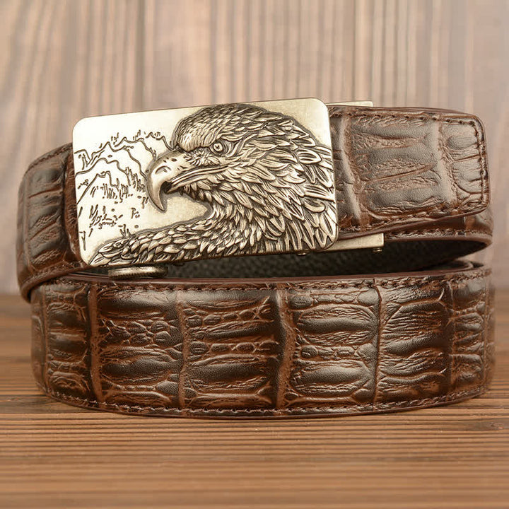 Men's Carved Eagle Crocodile Pattern Leather Belt - Silver & Brown - Crocodile Skin - 44 - image 24