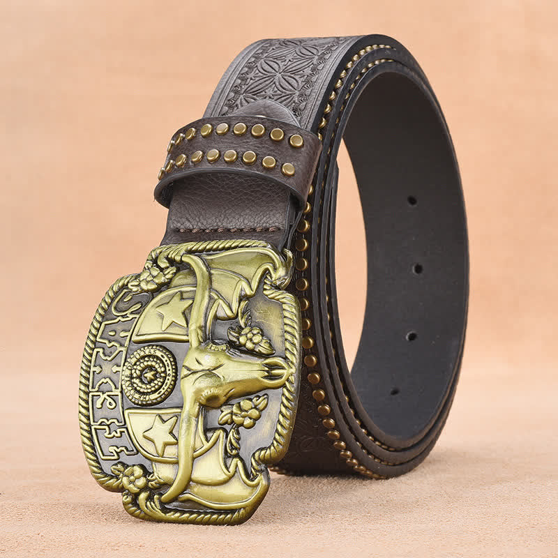 Men's Antique Longhorn Steer Rivet Leather Belt - Coffee - 44 - image 9