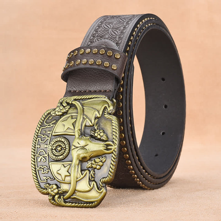 Men's Antique Longhorn Steer Rivet Leather Belt - Coffee - 44 - image 9