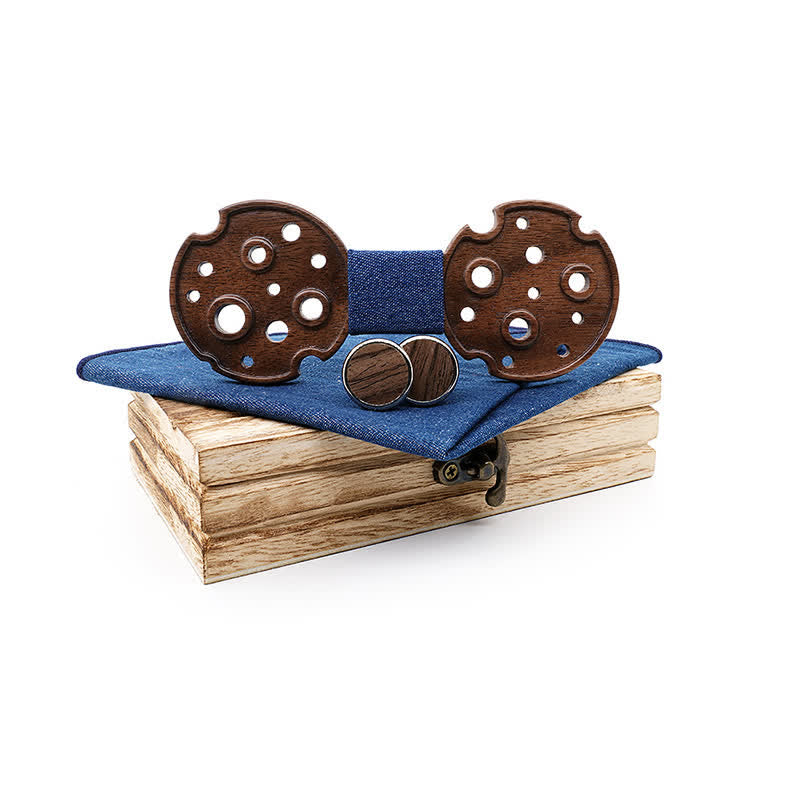 3Pcs Men's Hollow Circle Wooden Bow Tie Set - Blue - image 9