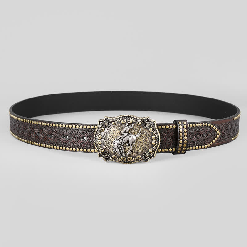 Men's Riding Horse Floral Pattern Leather Belt - image 1