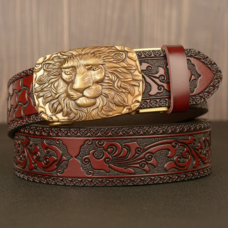 Men's Honor Male Lion Head Leather Belt - Gold & Brown - 46 - image 0
