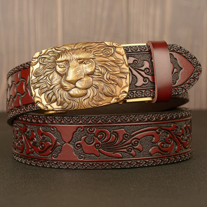 Men's Honor Male Lion Head Leather Belt - Gold & Brown - 46 - image 0