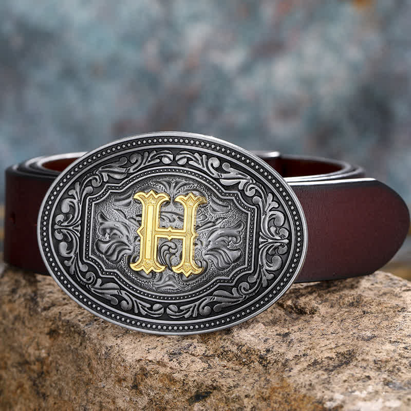 DIY Unisex Hip Hop Initial Letter Embossment Buckle Leather Belt - H - 44 - image 12