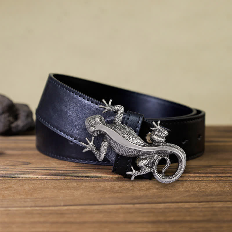 Men's DIY Unique Animal Silver Lizard Buckle Leather Belt - Lizard - Black PU Belt (40) - image 4