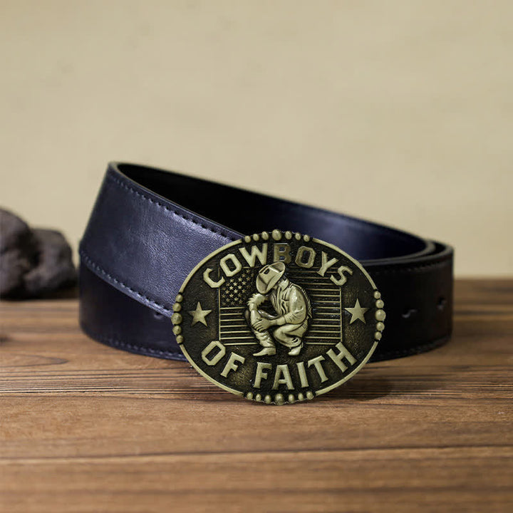 Men's DIY Cowboys Of Faith Buckle Leather Belt - Antique Gold - Black PU Belt (40) - image 4