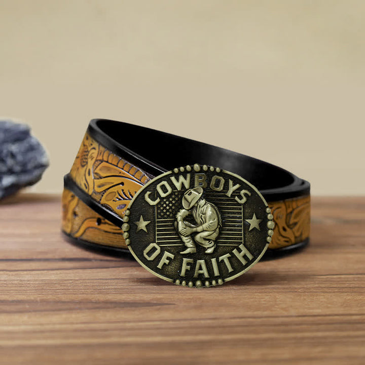 Men's DIY Cowboys Of Faith Buckle Leather Belt - Antique Gold - SandyBrown Belt (40) - image 19