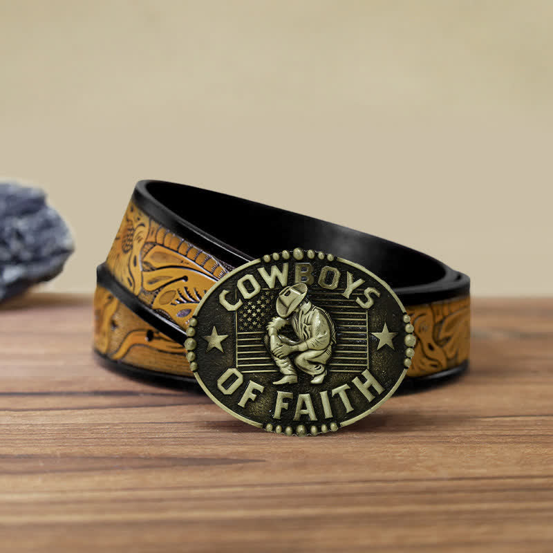 Men's DIY Cowboys Of Faith Buckle Leather Belt - Antique Gold - SandyBrown Belt (40) - image 19