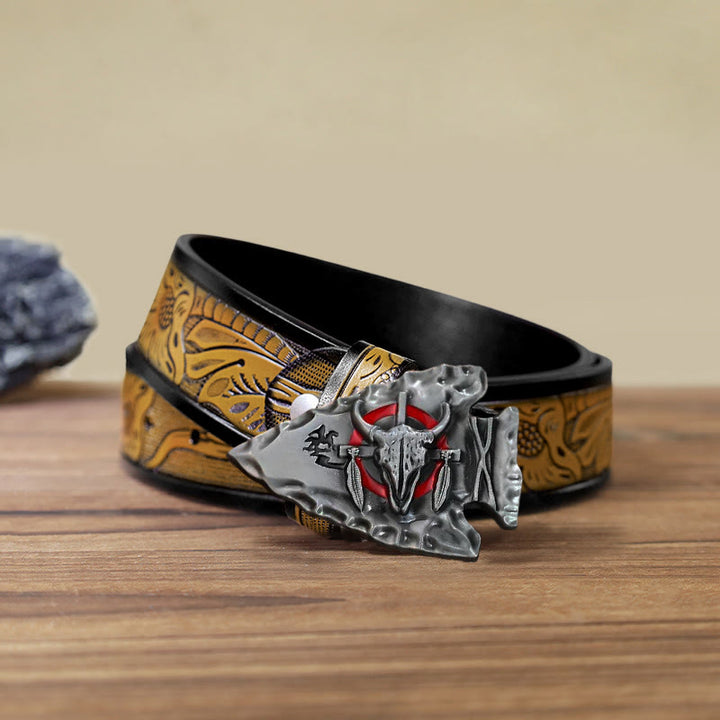 Men's DIY Arrowhead Shaped Bull Buckle Leather Belt - Antique Silver - SandyBrown Belt (40) - image 20