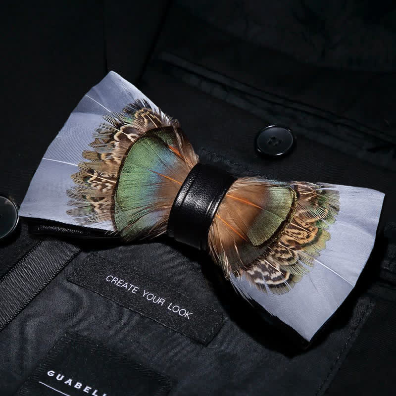 Gray & Green Gentleman Feather Bow Tie with Lapel Pin - image 1