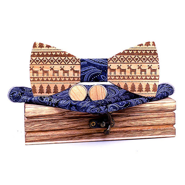 3Pcs Men's Christmas Theme Pattern Wooden Bow Tie Set - Navy - image 7