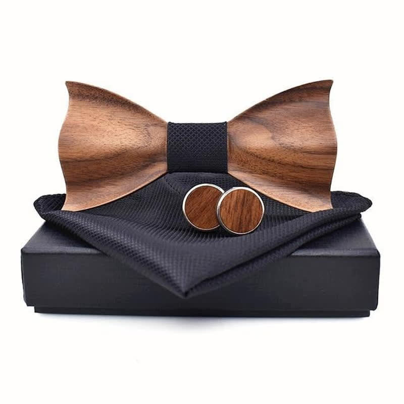 3Pcs Men's Small Checkered Wooden Bow Tie Set - Black - image 6