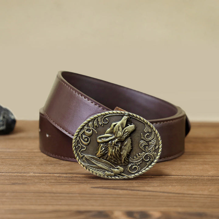Men's DIY Howling Wolf Head Buckle Leather Belt - Antique Gold - Brown PU Belt (40) - image 10