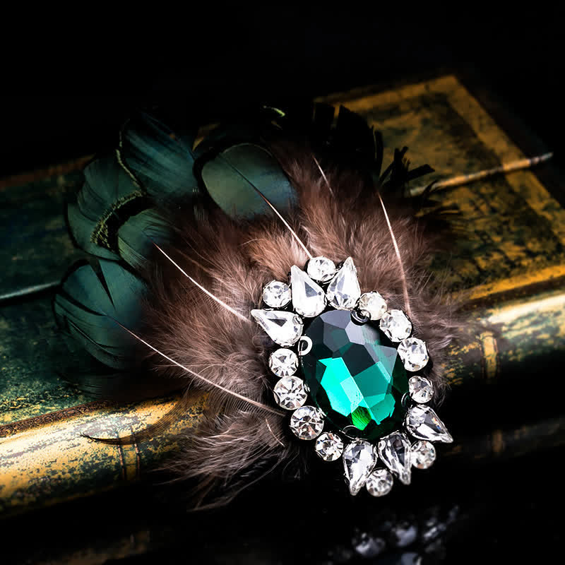 Women's Dark Green Crystal Feather Brooch - White & Green - image 1