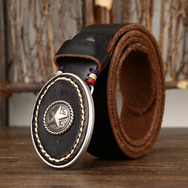 Men's Wild-West Pentacle Thicken Leather Belt - Black - 44 - image 5