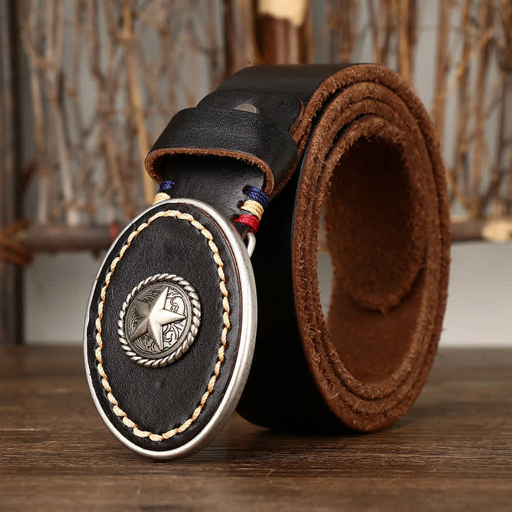 Men's Wild-West Pentacle Thicken Leather Belt - Black - 44 - image 5