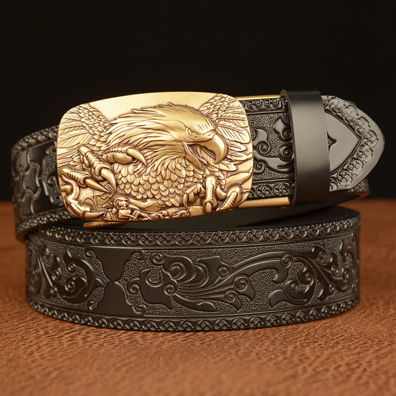 Men's Eagle Buckle Genuine Leather Embossing Belt - Gold & Black - 46 - image 0