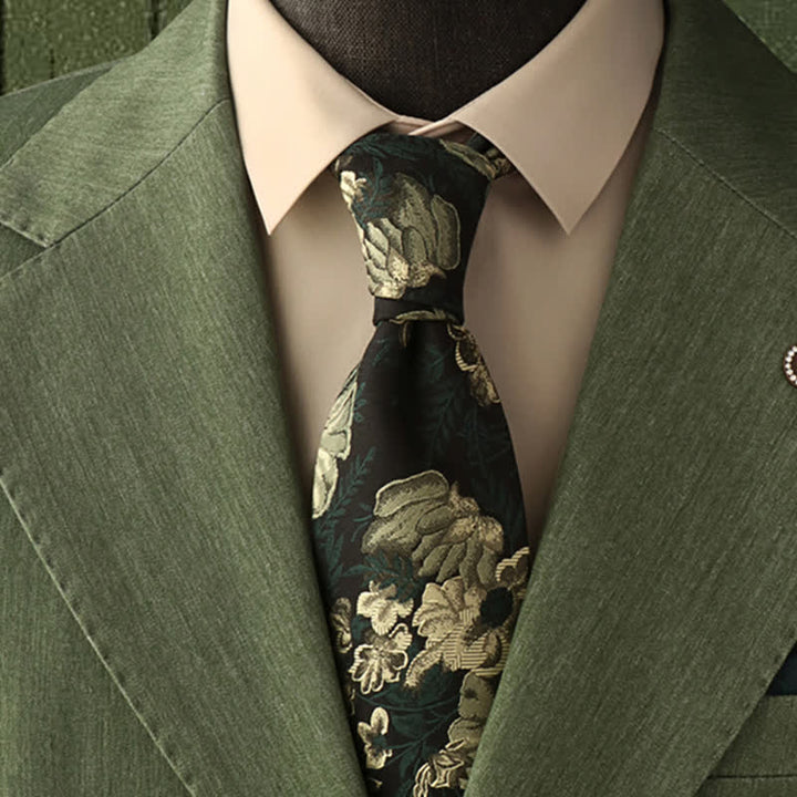 Men's Pine Forest Green Floral Necktie Pocket Square