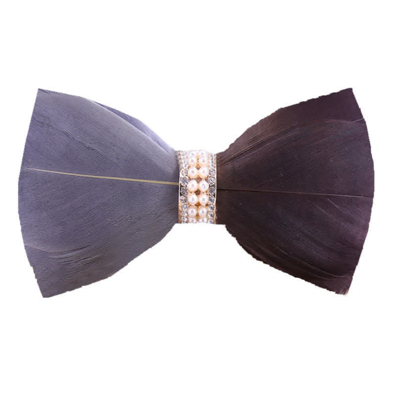 Gray & Brown Shiny Pearl Feather Bow Tie with Lapel Pin - Gray & Brown - image 0