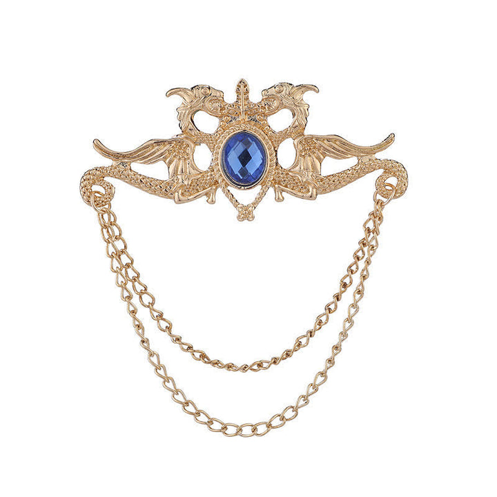 Men's Vintage Dragon Crystal Tassel Brooch - Blue & Gold - image 5