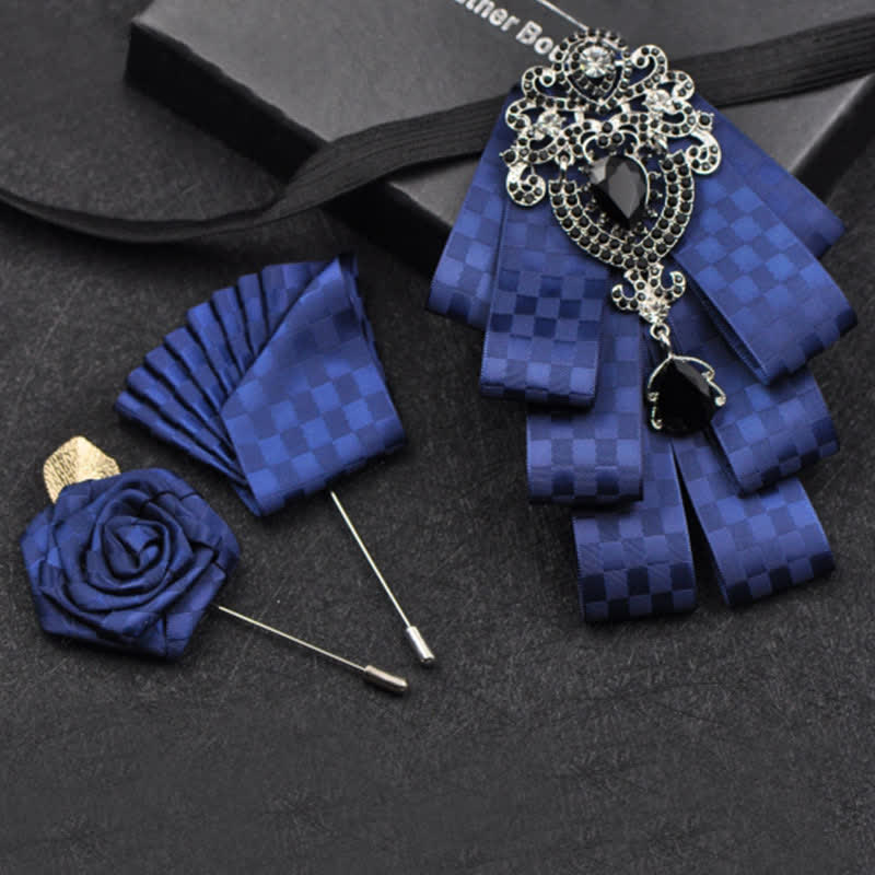 3Pcs Plaid Black Rhinestone Bow Tie Set - Blue Checks - image 23