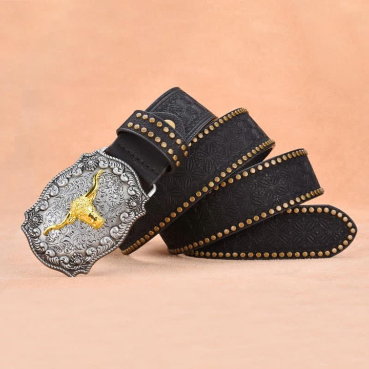 Men's Punk Rivet Gold Longhorn Bull Leather Belt - image 8