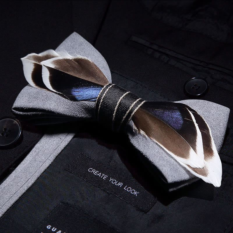 Gray Mallard Duck Feather Bow Tie with Lapel Pin - image 1