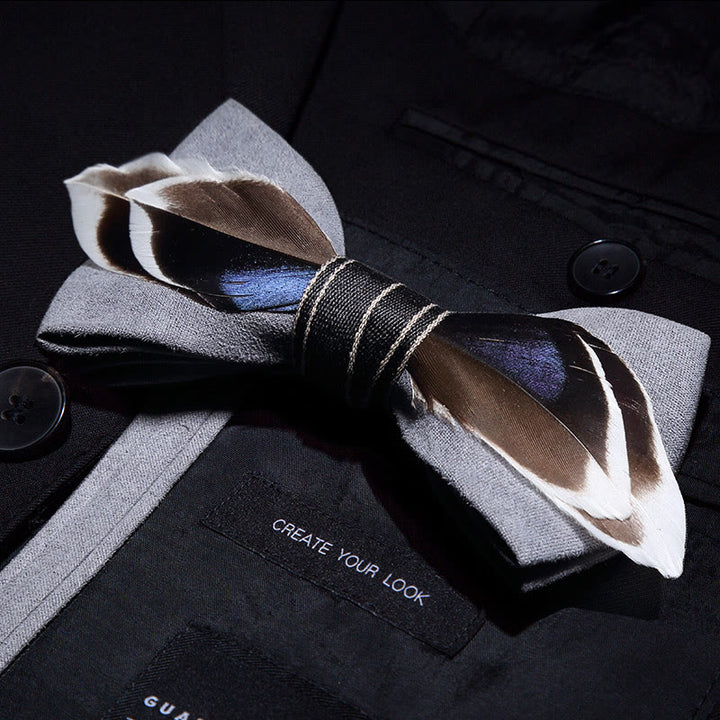 Gray Mallard Duck Feather Bow Tie with Lapel Pin - image 1