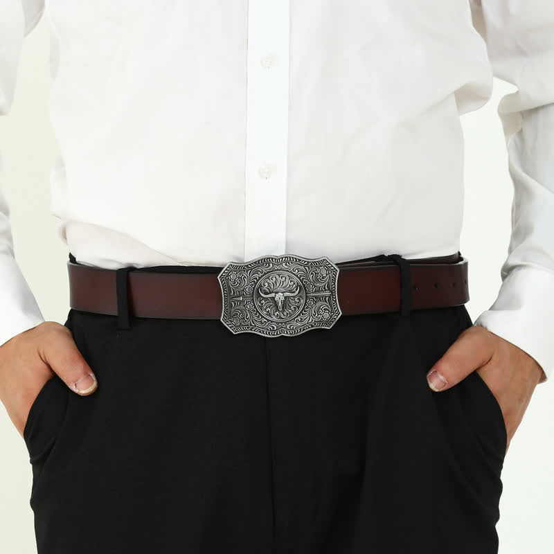 Men's DIY Long Horn Bull Arrow Buckle Leather Belt - image 2
