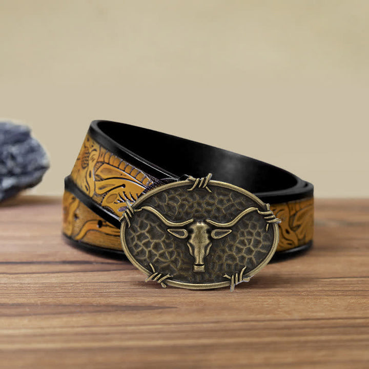 Men's DIY Cowboy Bull Head Hammered Buckle Leather Belt - Antique Bronze - SandyBrown Belt (40) - image 22