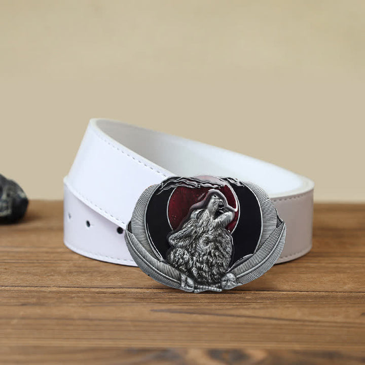 Men's DIY Howling Wolf Moon Oval Buckle Leather Belt - Red - White PU Belt (40) - image 8