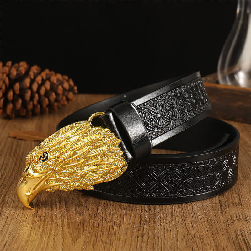 Men's Eagle Head Realistic Vulture Western Leather Belt - Black #2 / Gold - 42 - image 17