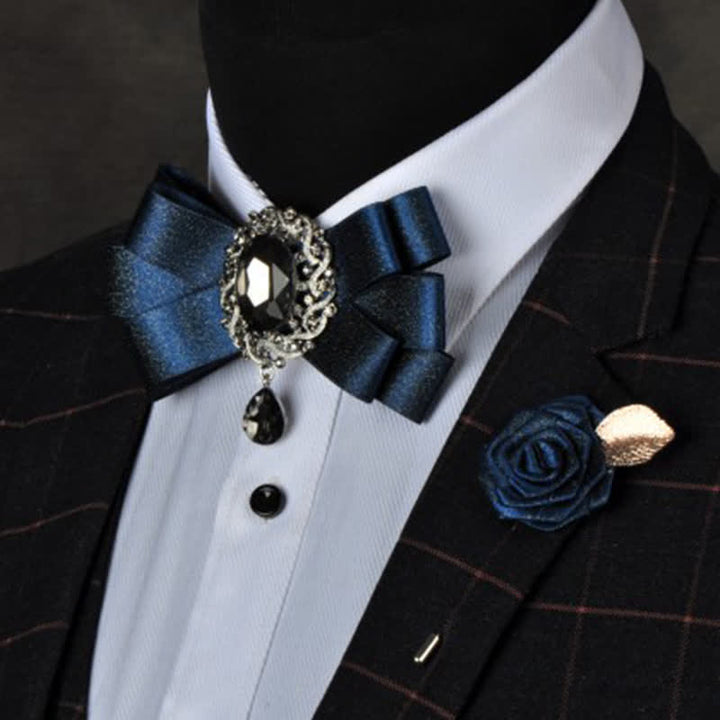 3Pcs Black Rhinestone Solid Colored Bow Tie Set - Blue - image 8
