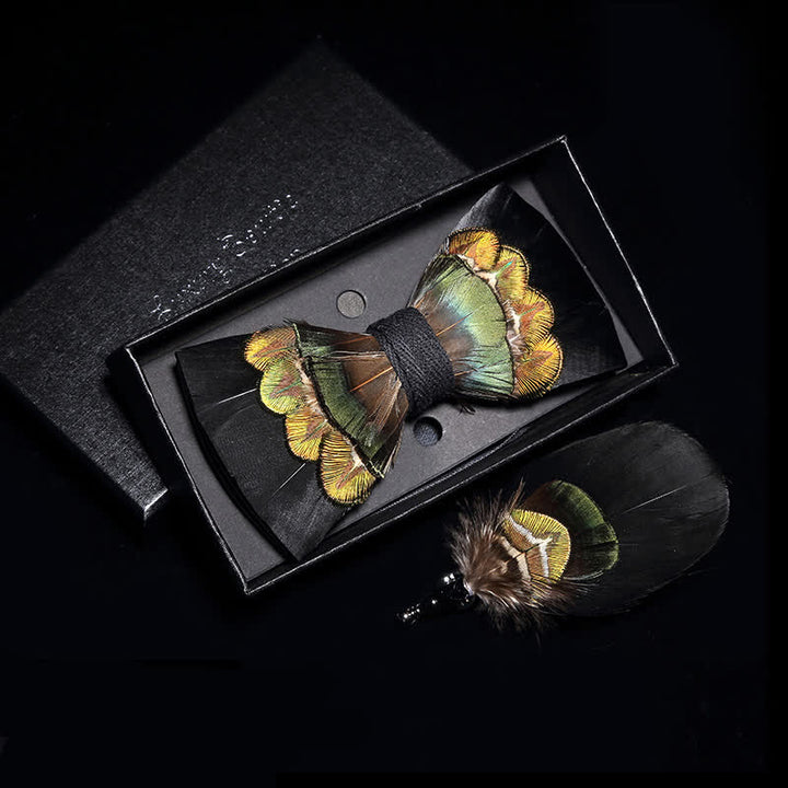 Black & Yellow-green Feather Bow Tie with Lapel Pin - Adult - image 0
