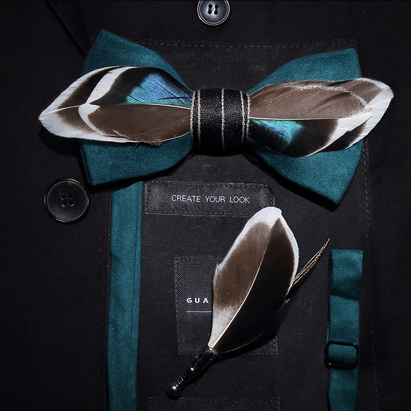 Green Mallard Duck Feather Bow Tie with Lapel Pin - Green - image 0