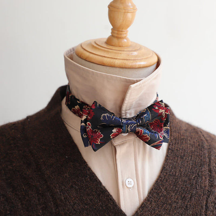 Men's Retro Floral Leaves Bow Tie - Navy & Red - image 1