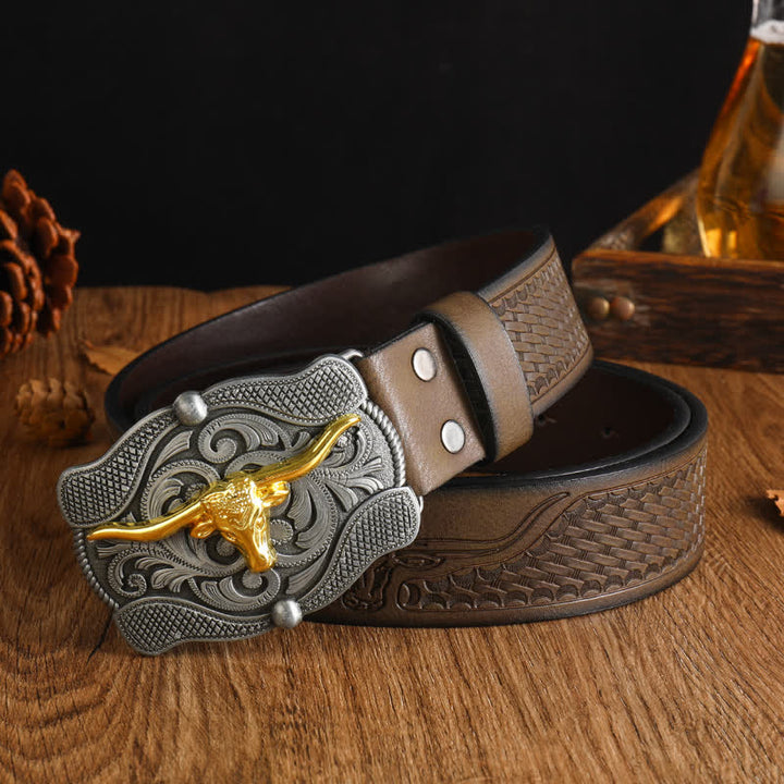 Men's Square Golden Longhorn Bull Leather Belt - Style #9 - 42 - image 17