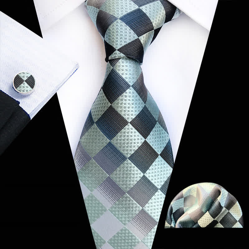 3Pcs Men's Contrast Color Checkerboard Necktie Set - Light Green - image 3