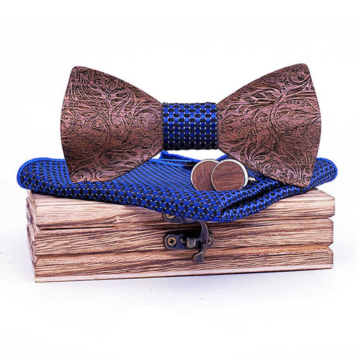 3Pcs Men's Black Walnut Paisley Wooden Bow Tie Set - Blue Checks - image 8