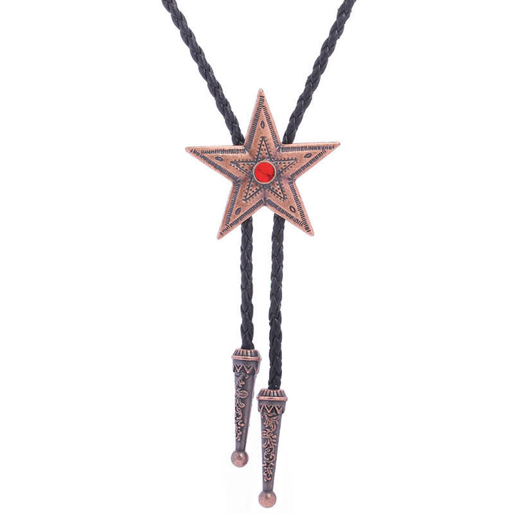 Vintage Natural Stone Star Pendant Necklace Bolo Tie - Red - Antique Copper - image 23