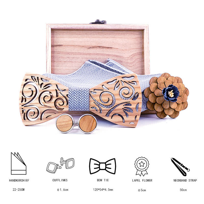 4Pcs Men's Hollow Leaf Design Wooden Bow Tie Set - image 1