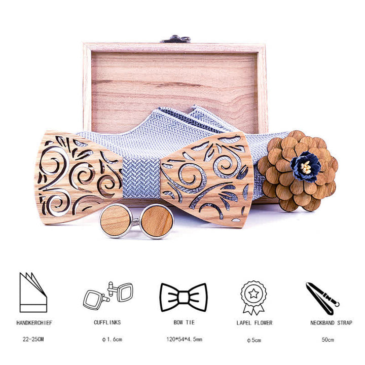 4Pcs Men's Hollow Leaf Design Wooden Bow Tie Set - image 1