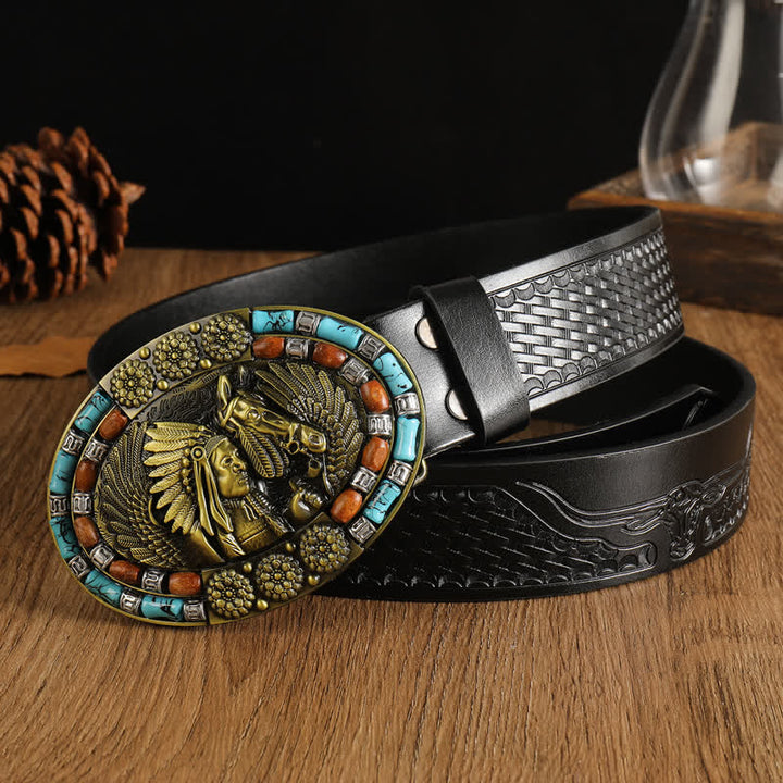 Men's Boho Indian Art Turquoise Leather Belt - Black #1 - 42 - image 6