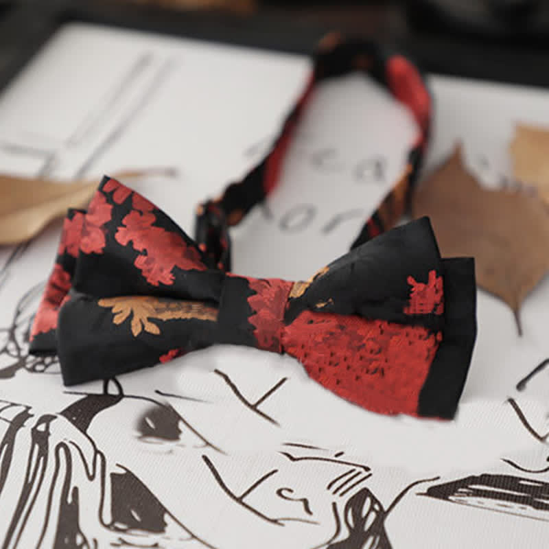 Men's Retro Floral Leaves Bow Tie - Black & Red - image 18