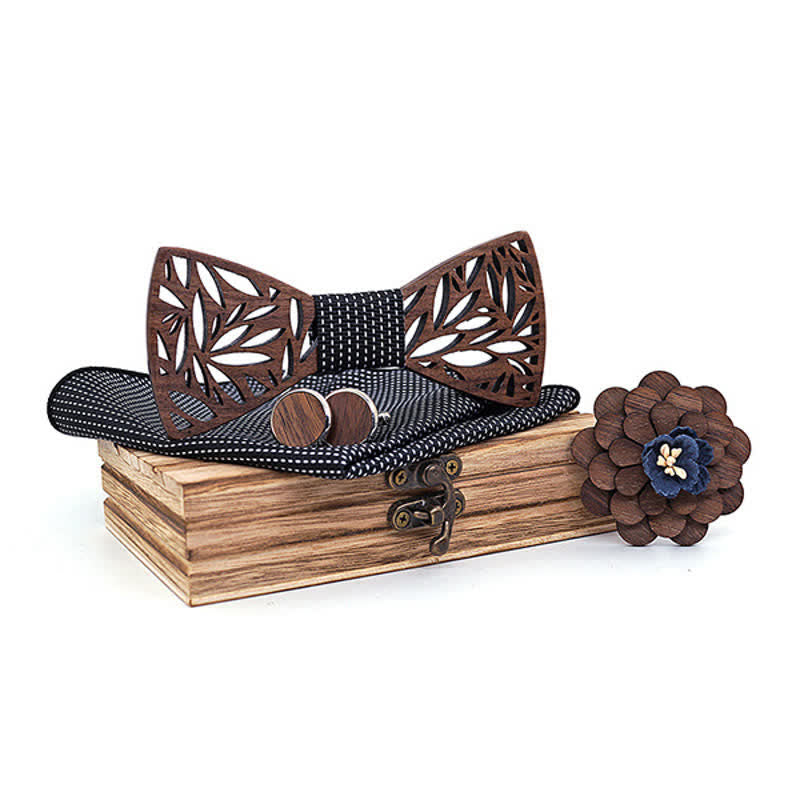4pcs Men's Hollow Leaf Wooden Bow Tie Set - Black - image 12